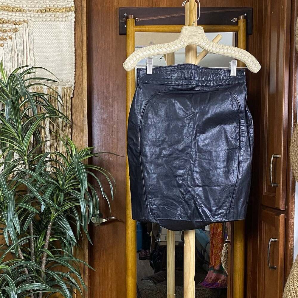 Black Leather Mini Skirt Womens L High Waist Y2K Fitted Goat Leather Argentina